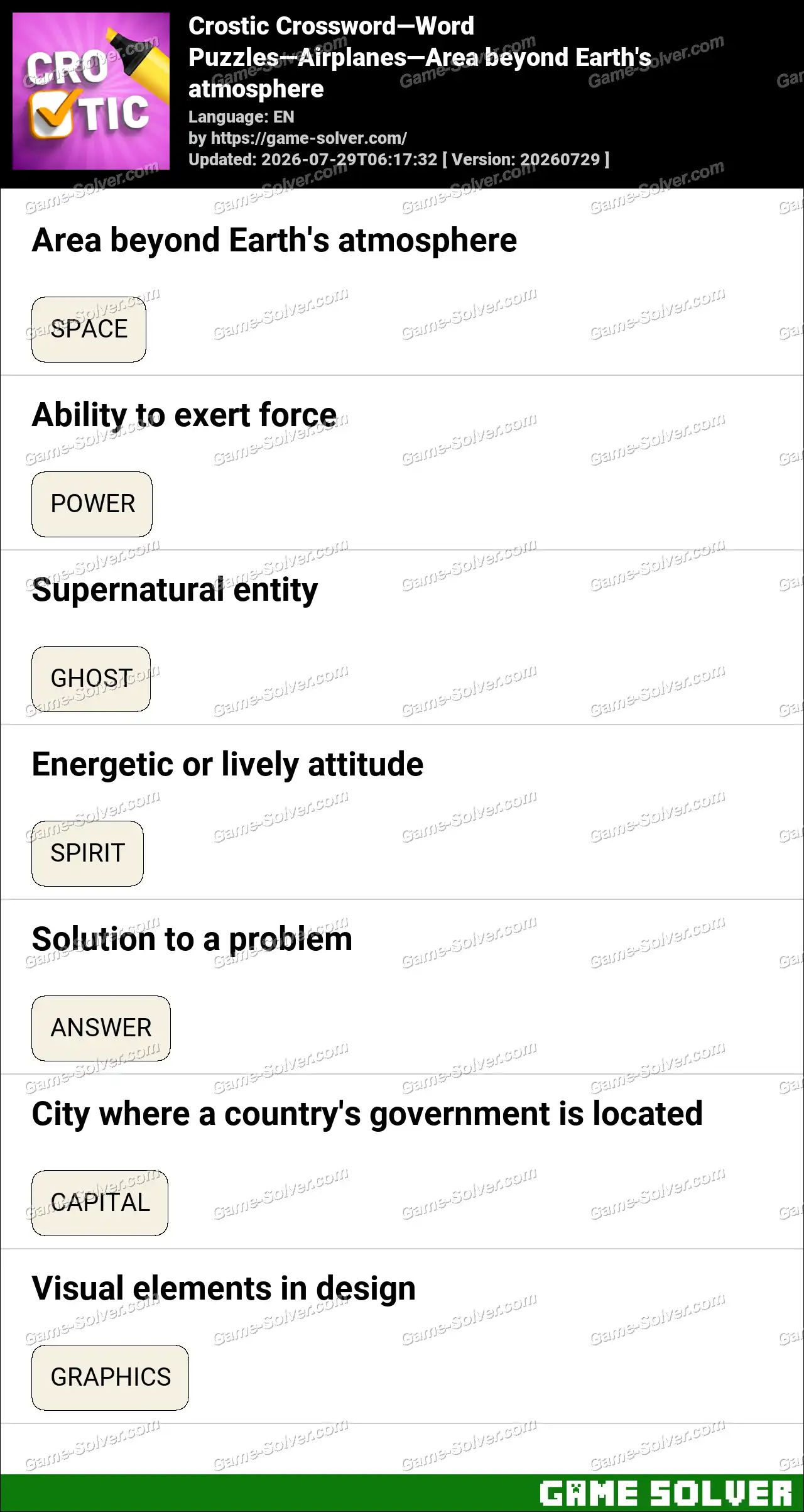 Crostic Crossword-Word Puzzles-Airplanes-Area beyond Earth’s atmosphere